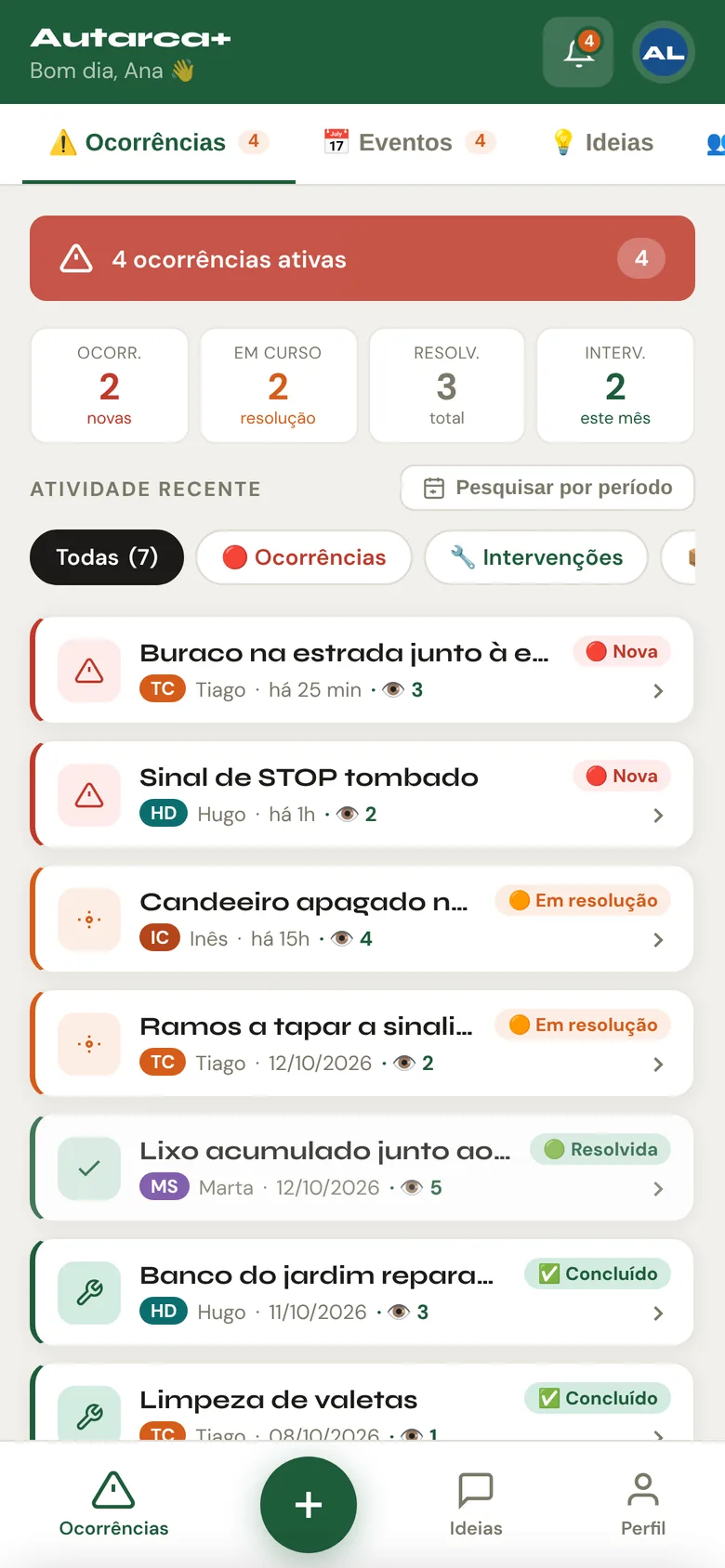 A mesma lista de ocorrências no telemóvel