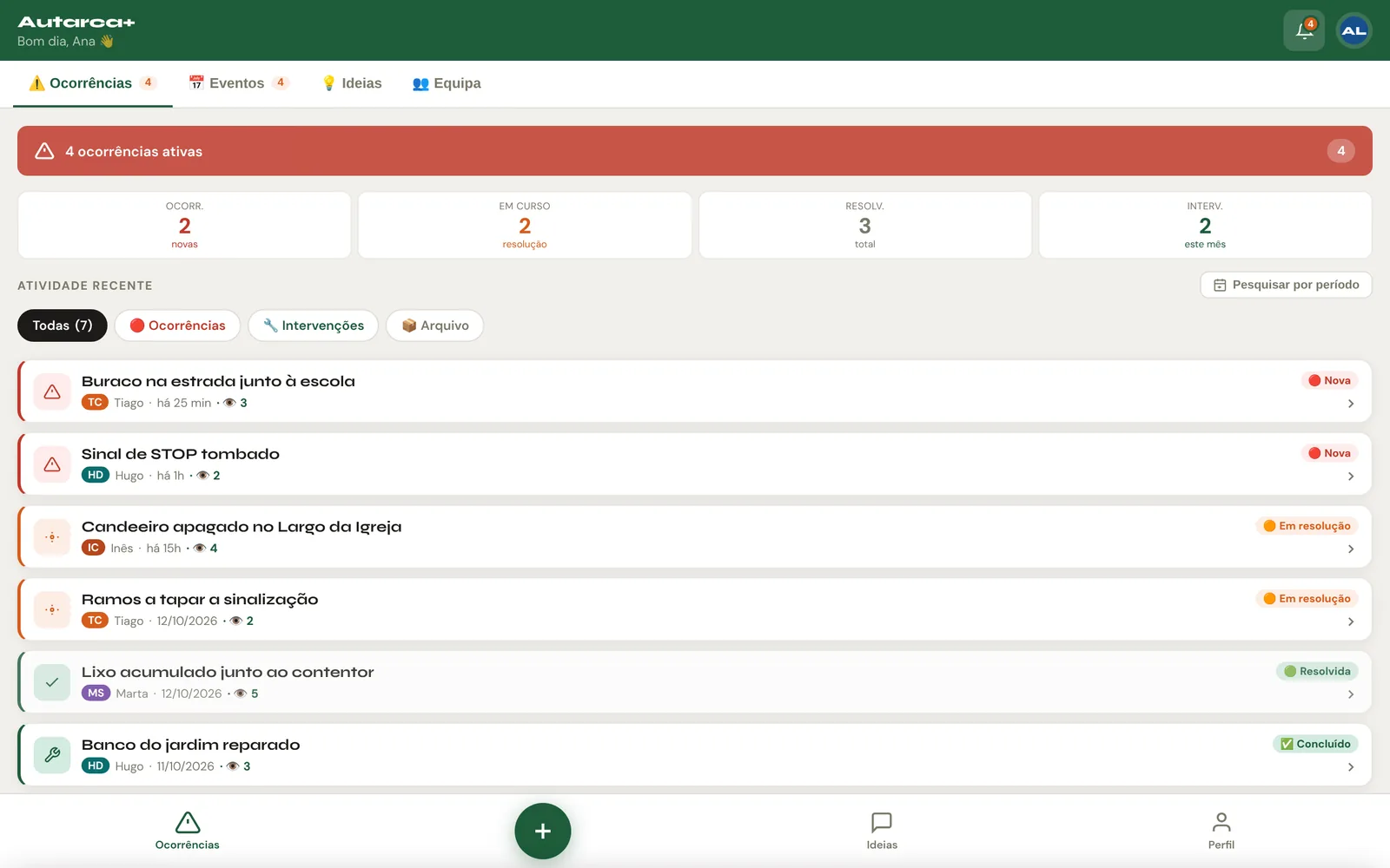 A app no computador: resumo de ocorrências novas, em curso, resolvidas e intervenções do mês